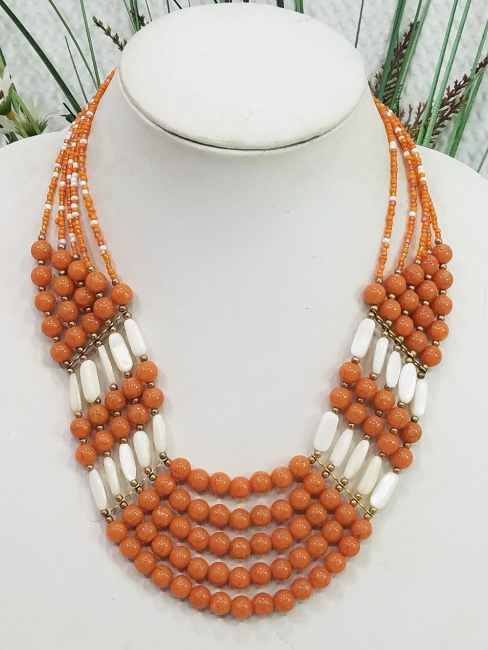 Vintage Native American Style Tribal Orange & Cream MOP Multi Strand Necklace